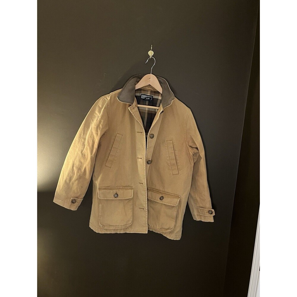Lands End Womens 6-8P Barn Coat Tan Canvas Plaid Lined Field Chore Jacket Petite